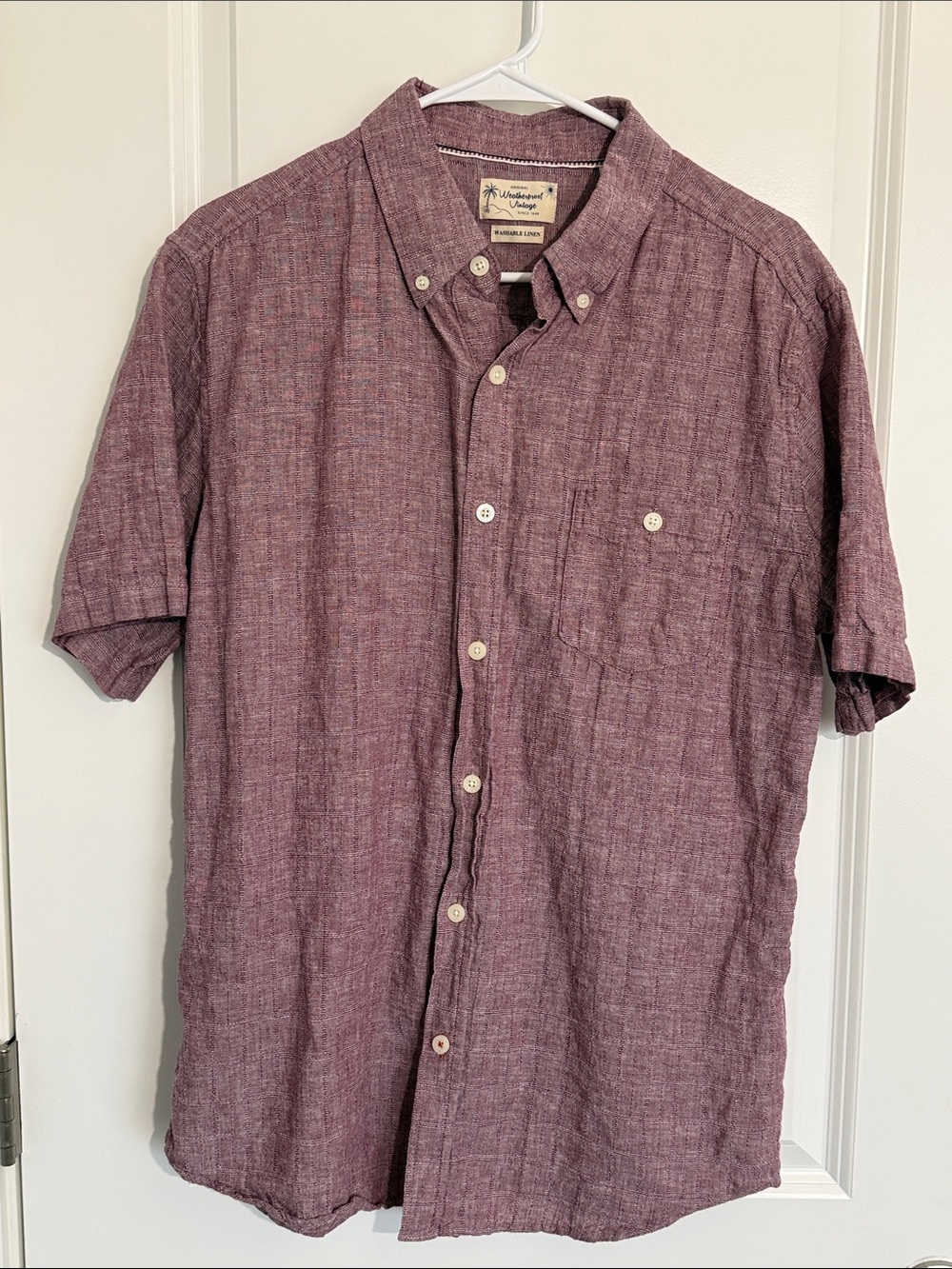 Weatherproof Vintage Washable Linen Short Sleeve Button Shirt L Burgundy